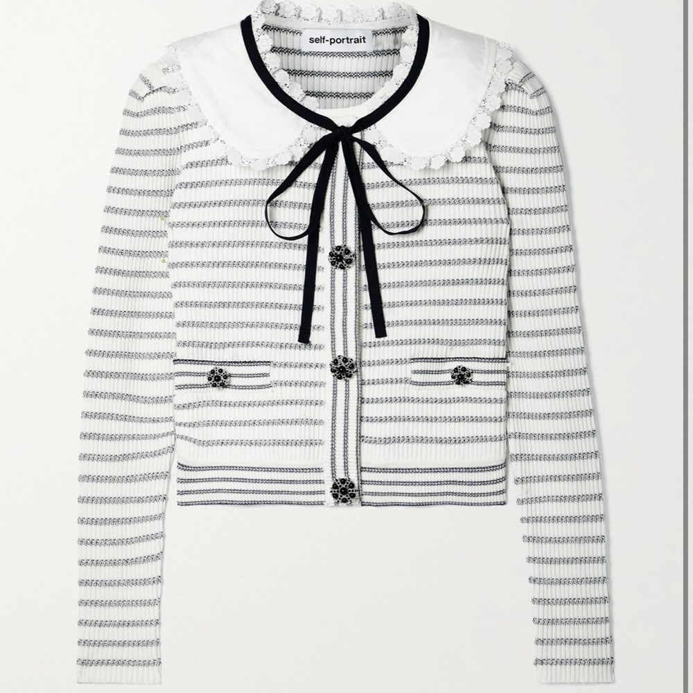 $415 Self Portrait lurex knit striped silver black white cardigan tie neck sz M